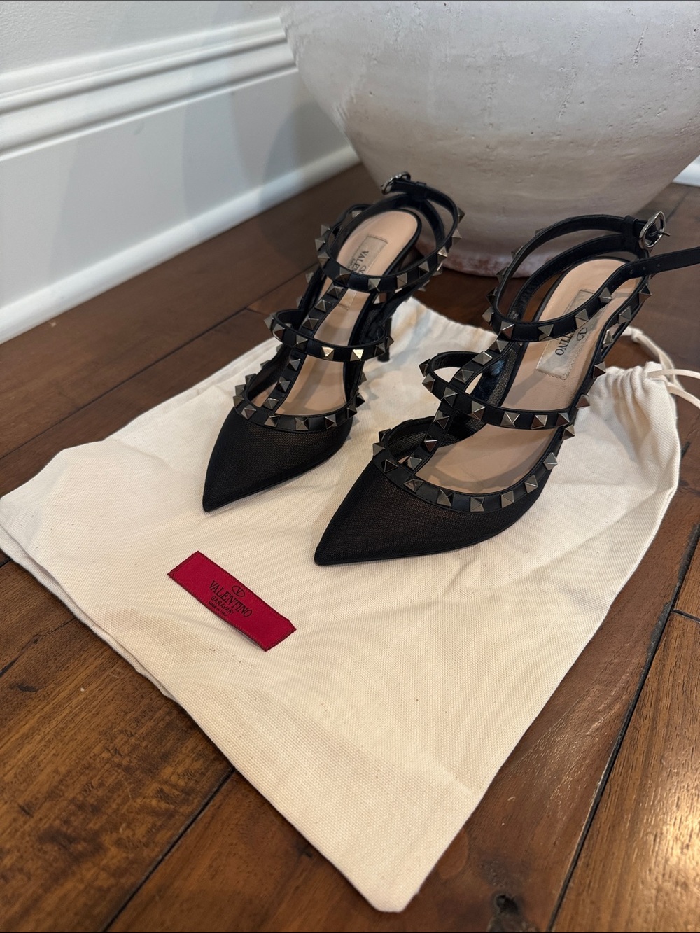 Valentino Black Pointed-Toe Rockstud Strappy Heels Size 36 1/2